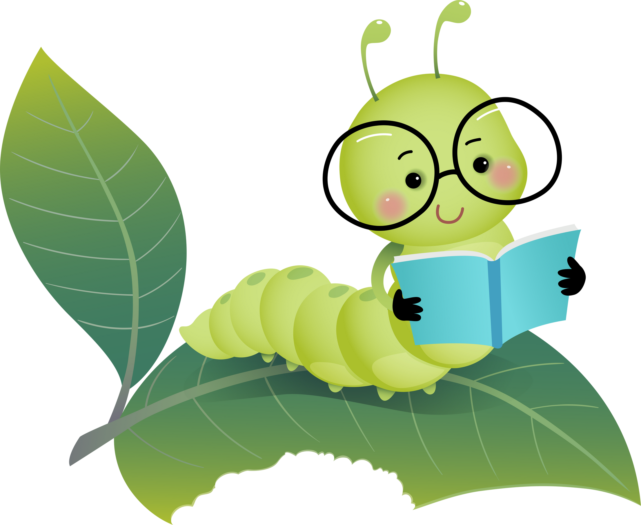 Cartoon caterpillar wearing glasses and reading book
